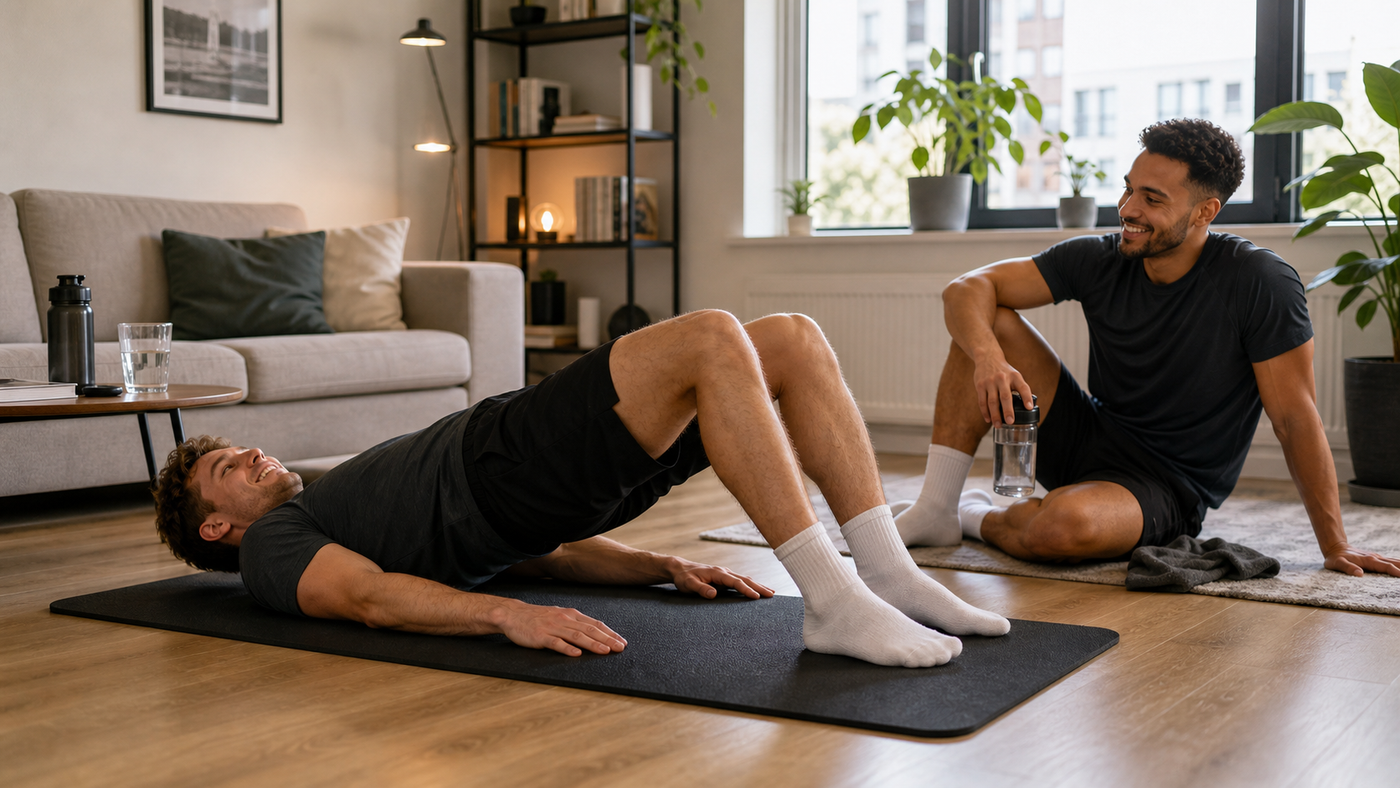 Twee vrienden doen thuis een eenvoudige hamstringtraining op een mat.
