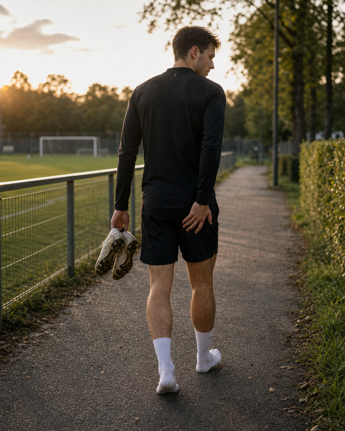 Sporter loopt in sokken langs een voetbalveld, met schoenen in de hand en de andere hand bij bil/bovenbeen.