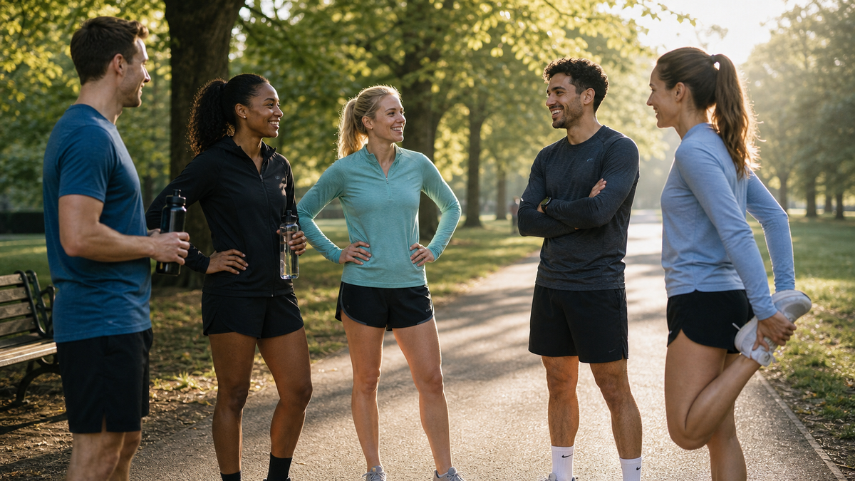 Groep sporters praat in een park; één deelnemer houdt een voet achter zich vast.