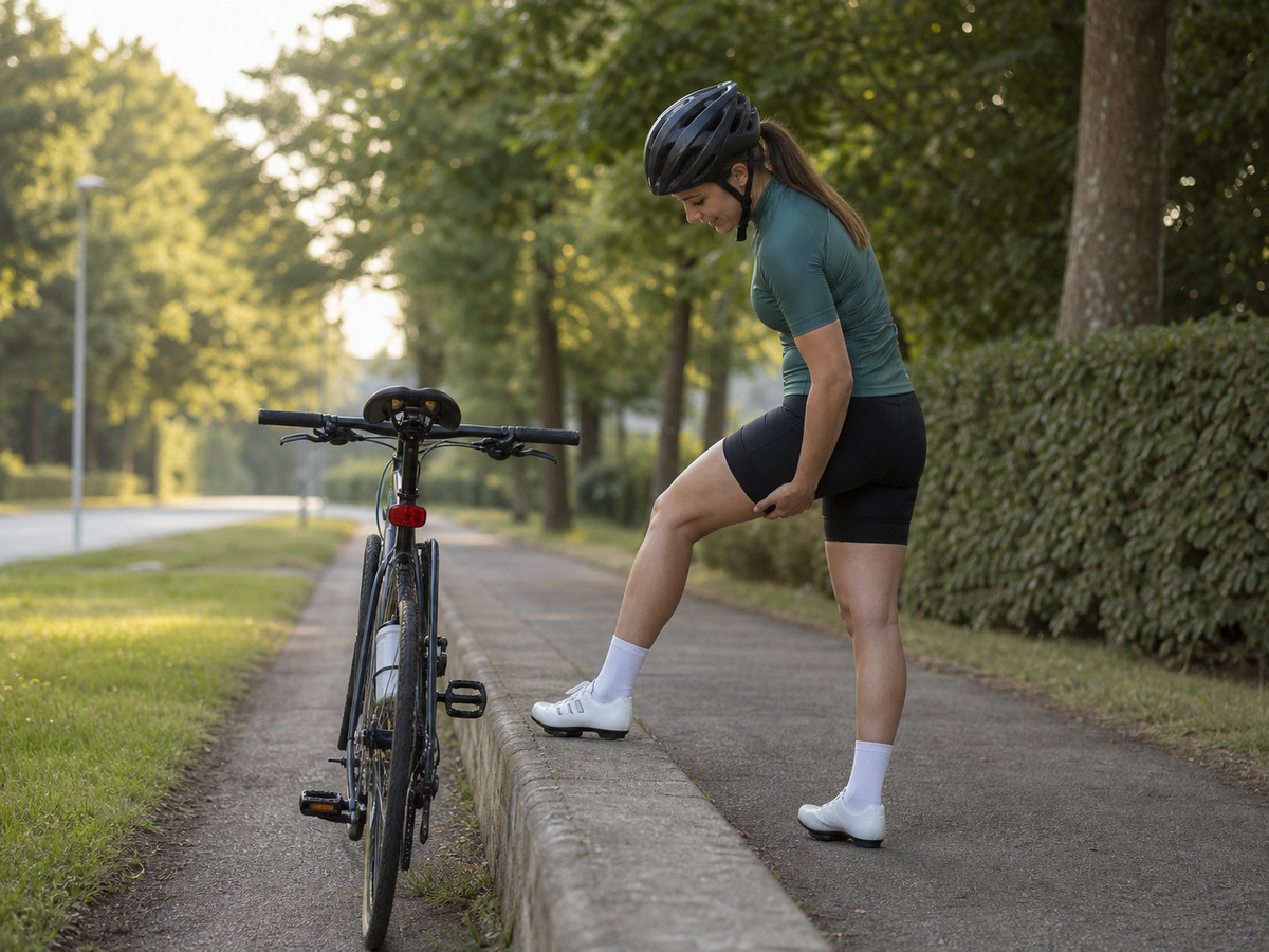 Fietser staat naast een fiets met één voet op een lage rand en de handen bij het bovenbeen.