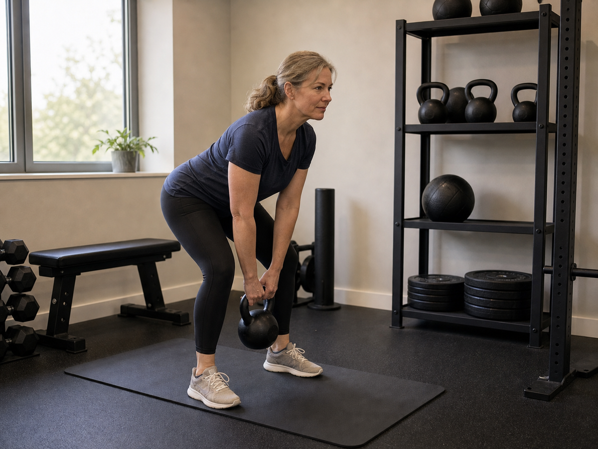 Vrouw houdt een kettlebell laag tussen de benen in een heupscharnierpositie in de gym.