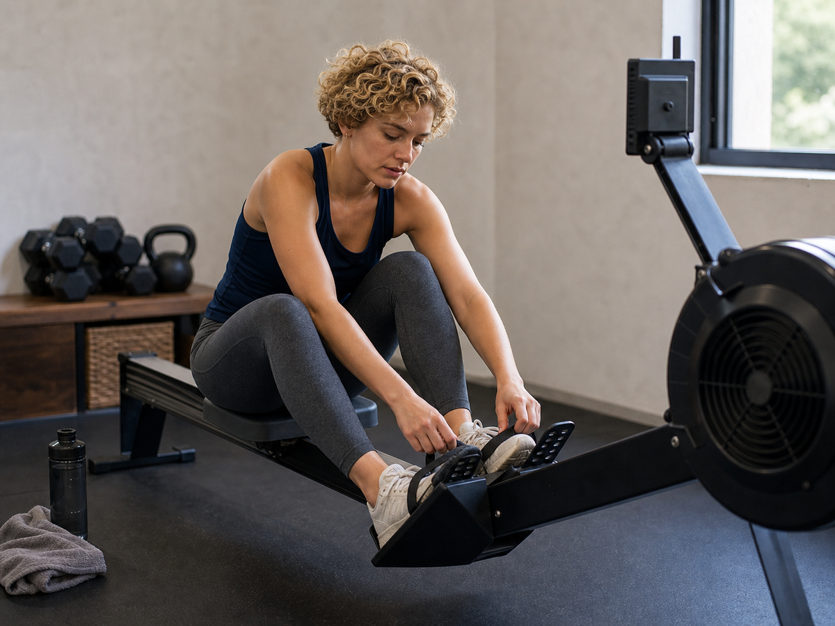 Vrouw zet de voetbanden van een roeiergometer vast in een gym.