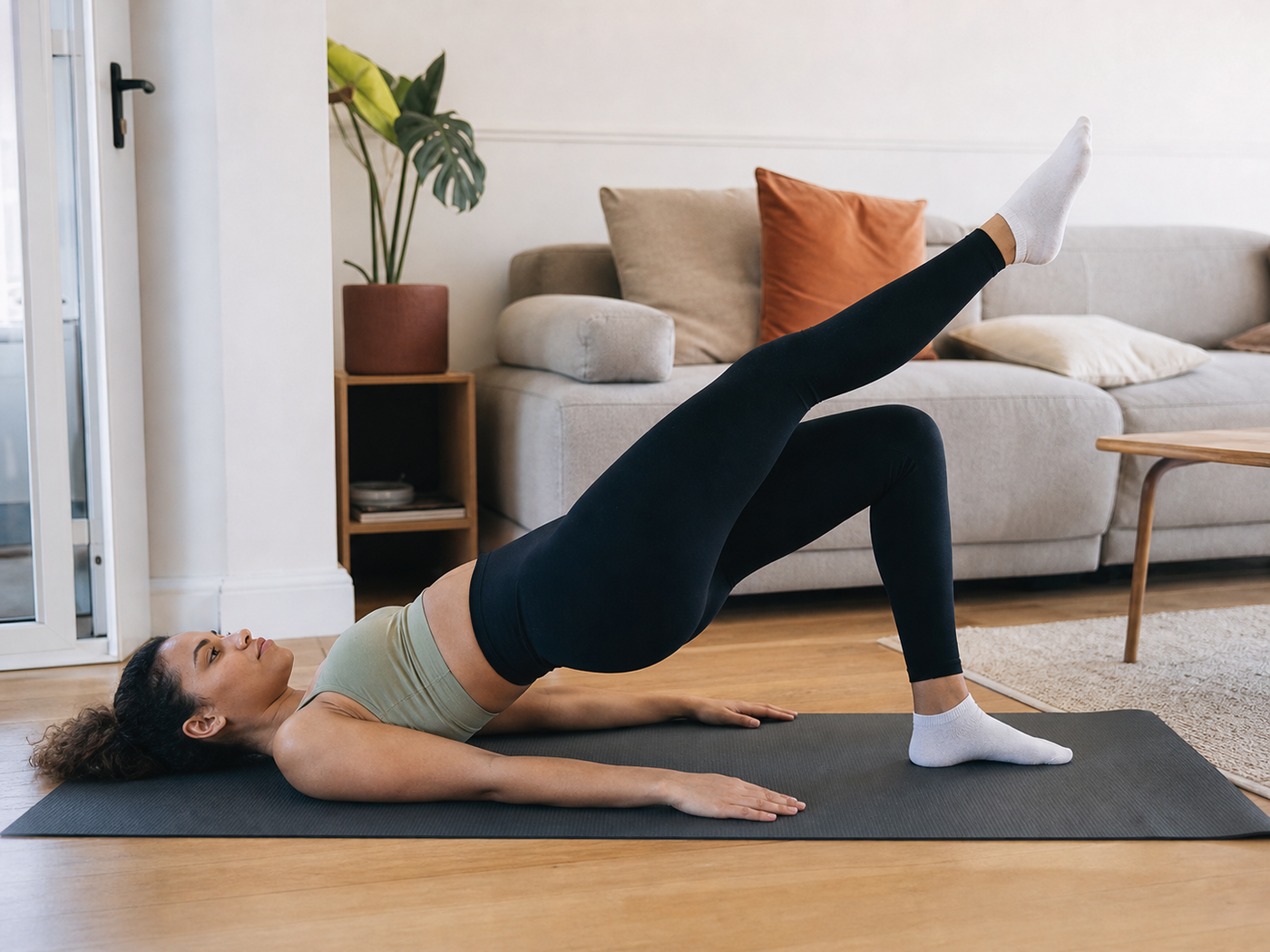 Jongvolwassen vrouw doet thuis een single-leg bridge op een sportmat in de woonkamer.
