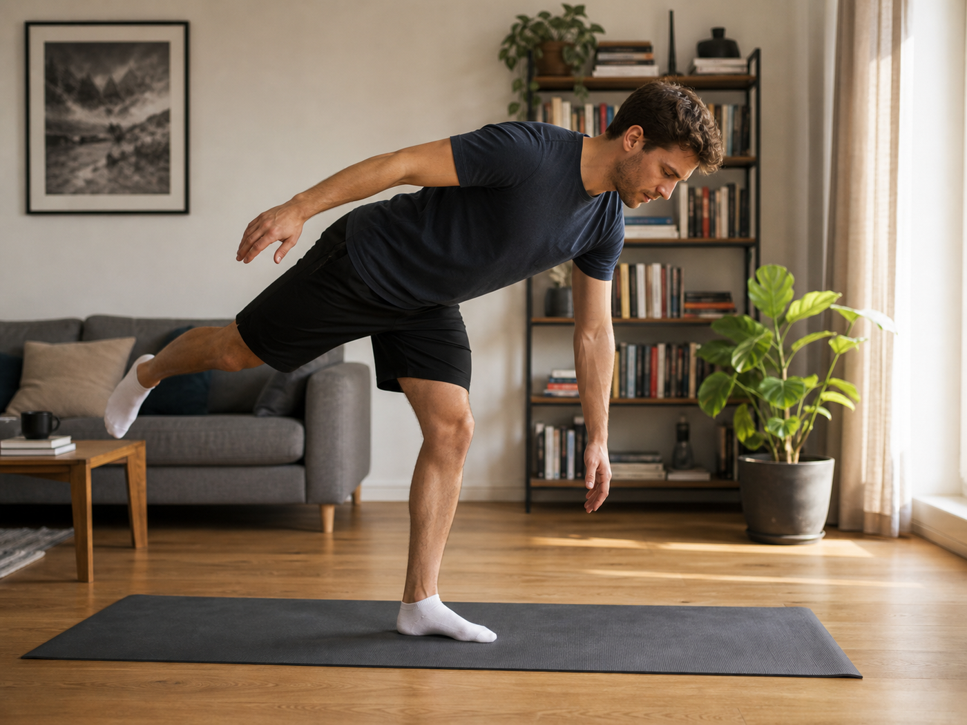 Young adult man doing a single-leg Romanian deadlift in a living room.