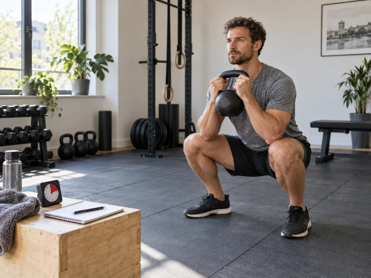 Man houdt een kettlebell voor zijn borst in de onderste positie van een goblet squat.