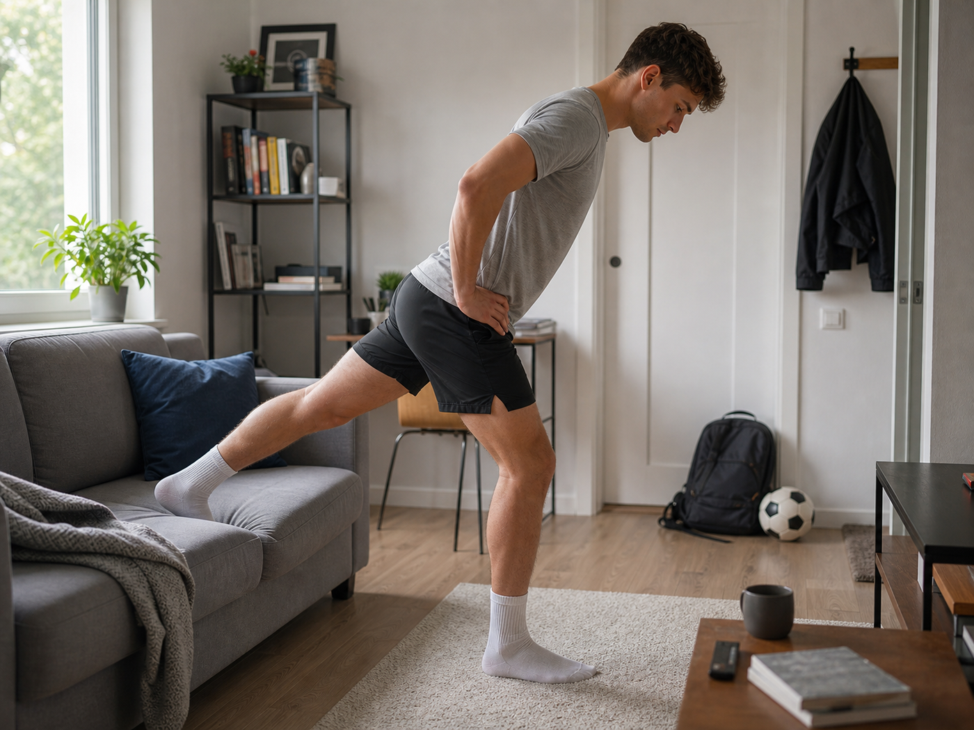Jongvolwassen man rekt thuis zijn hamstring met de hiel op de bank.