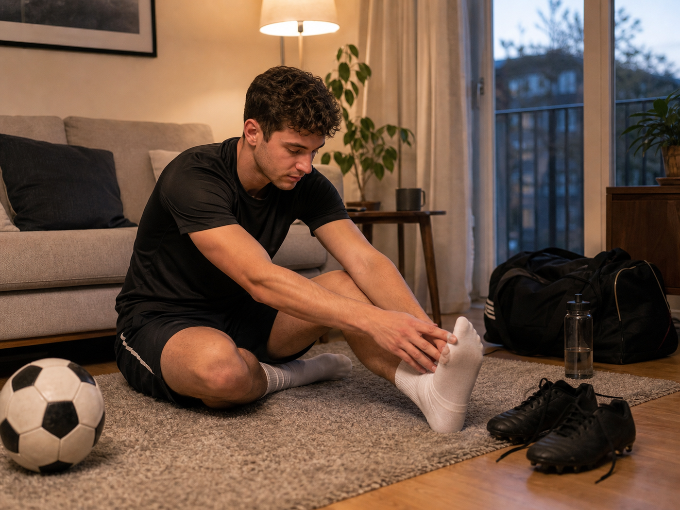 Jongvolwassen voetballer rekt thuis zijn hamstring op de vloer na een training.
