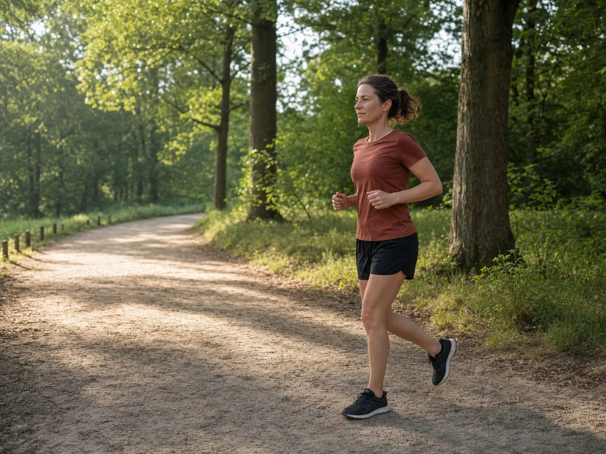 Vrouw in sportkleding jogt over een bospad.