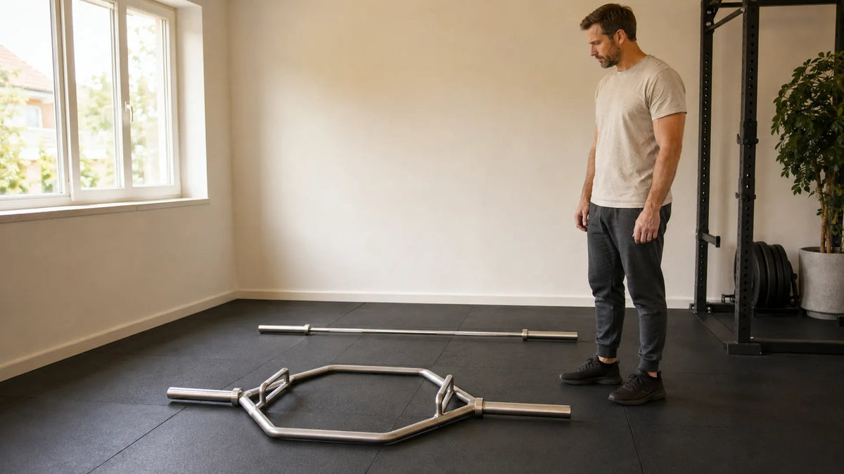 Man naast een onbelaste hexagonale halter en een rechte halter op een sportschoolvloer.