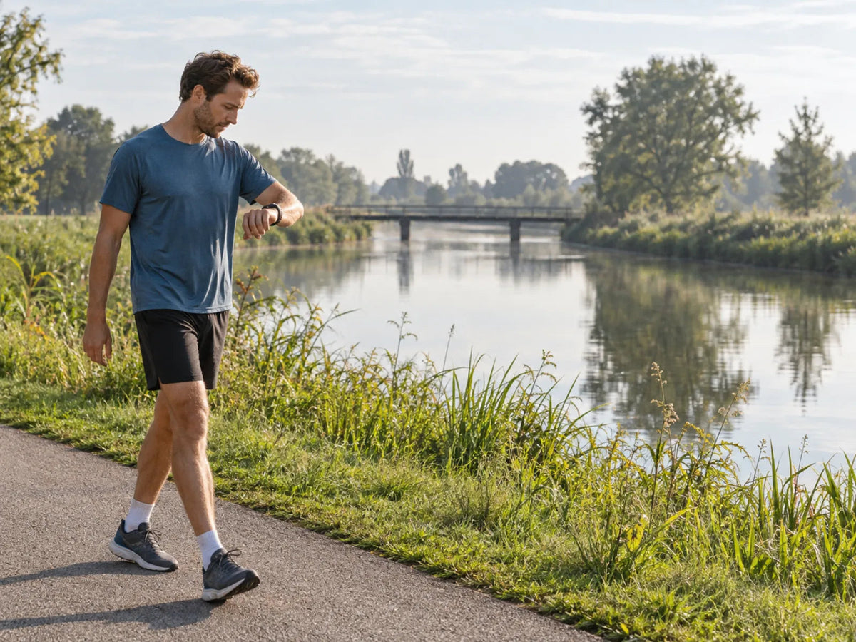 Man in sportkleding wandelt langs een kanaal en kijkt op zijn polshorloge.