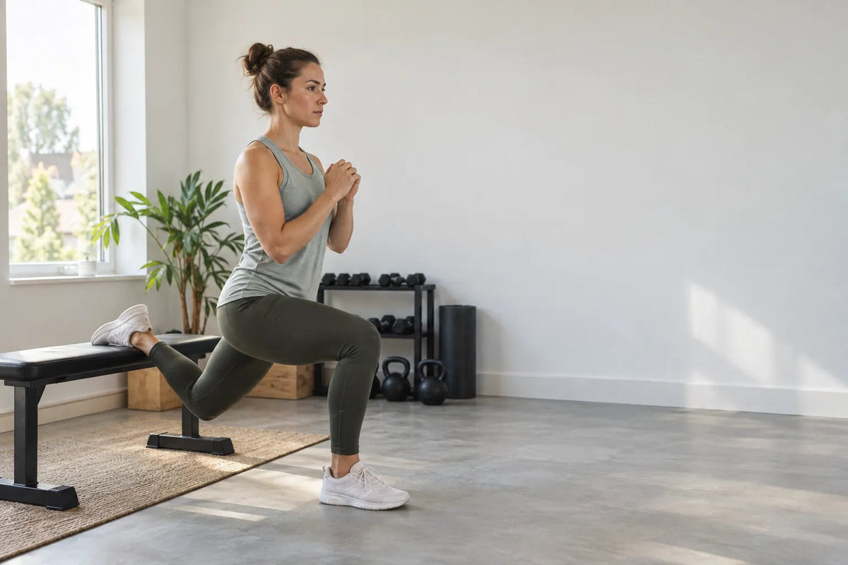Vrouw in een split-squathouding met de achterste voet op een fitnessbank en de voorste voet op de vloer.