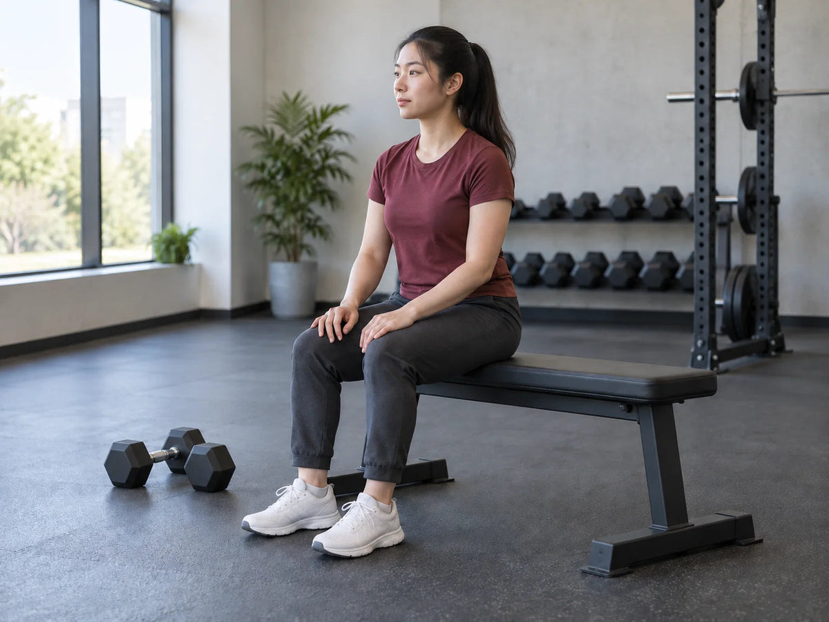 Sporter zit rechtop op een trainingsbank met haar handen op haar bovenbenen.