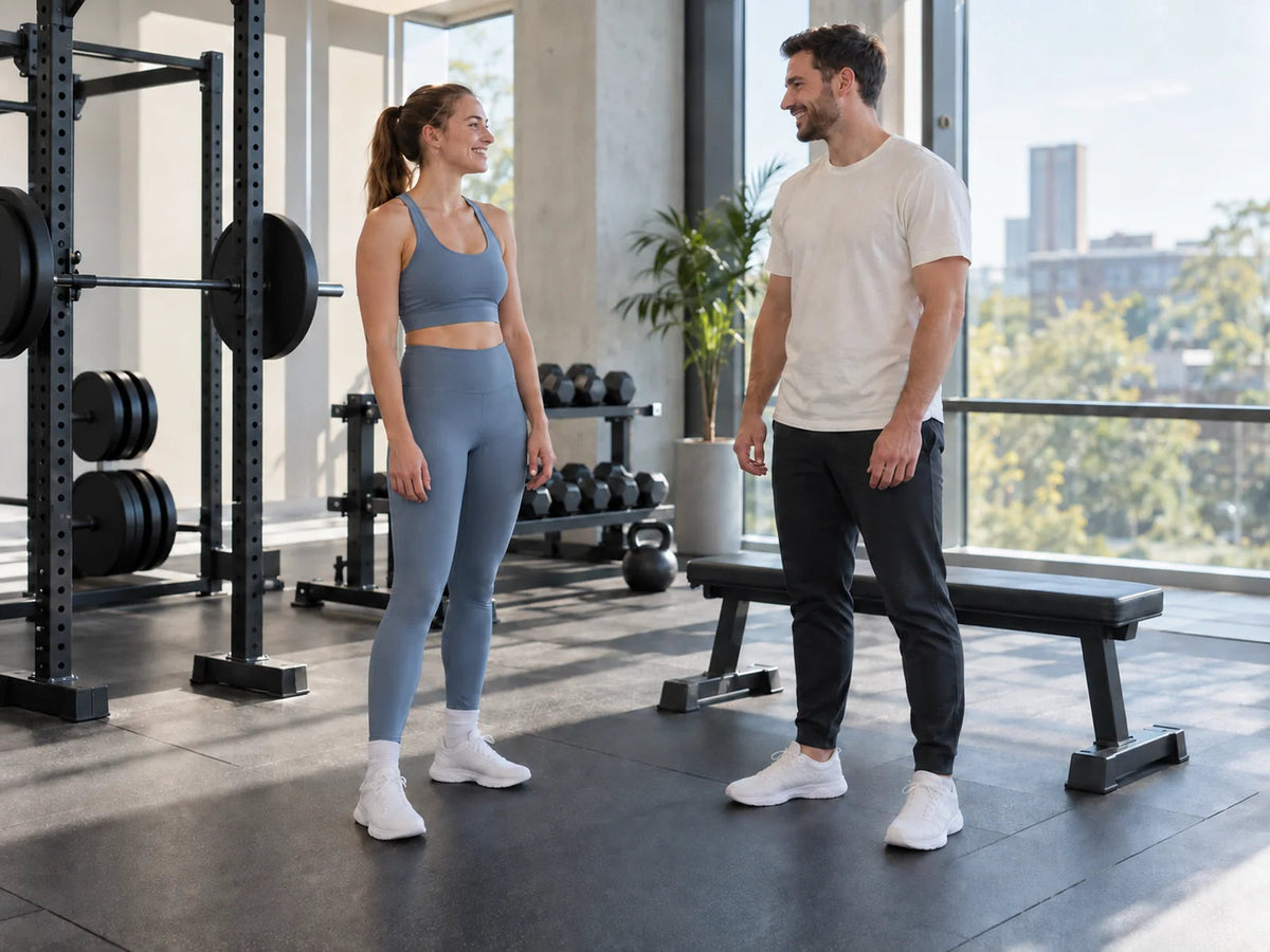 Twee volwassen sporters staan naast een trainingsbank en praten met elkaar in een lichte gym.
