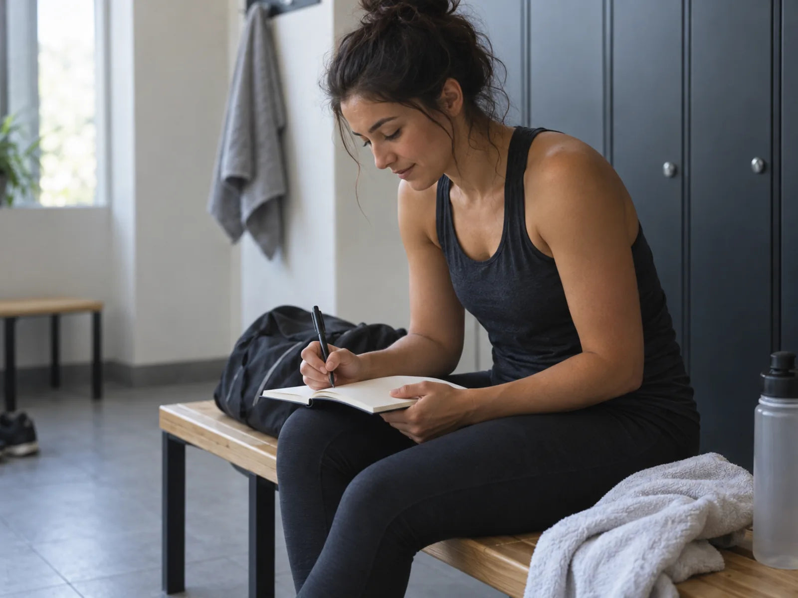 Atleta seduta su una panca mentre scrive su un quaderno aperto.
