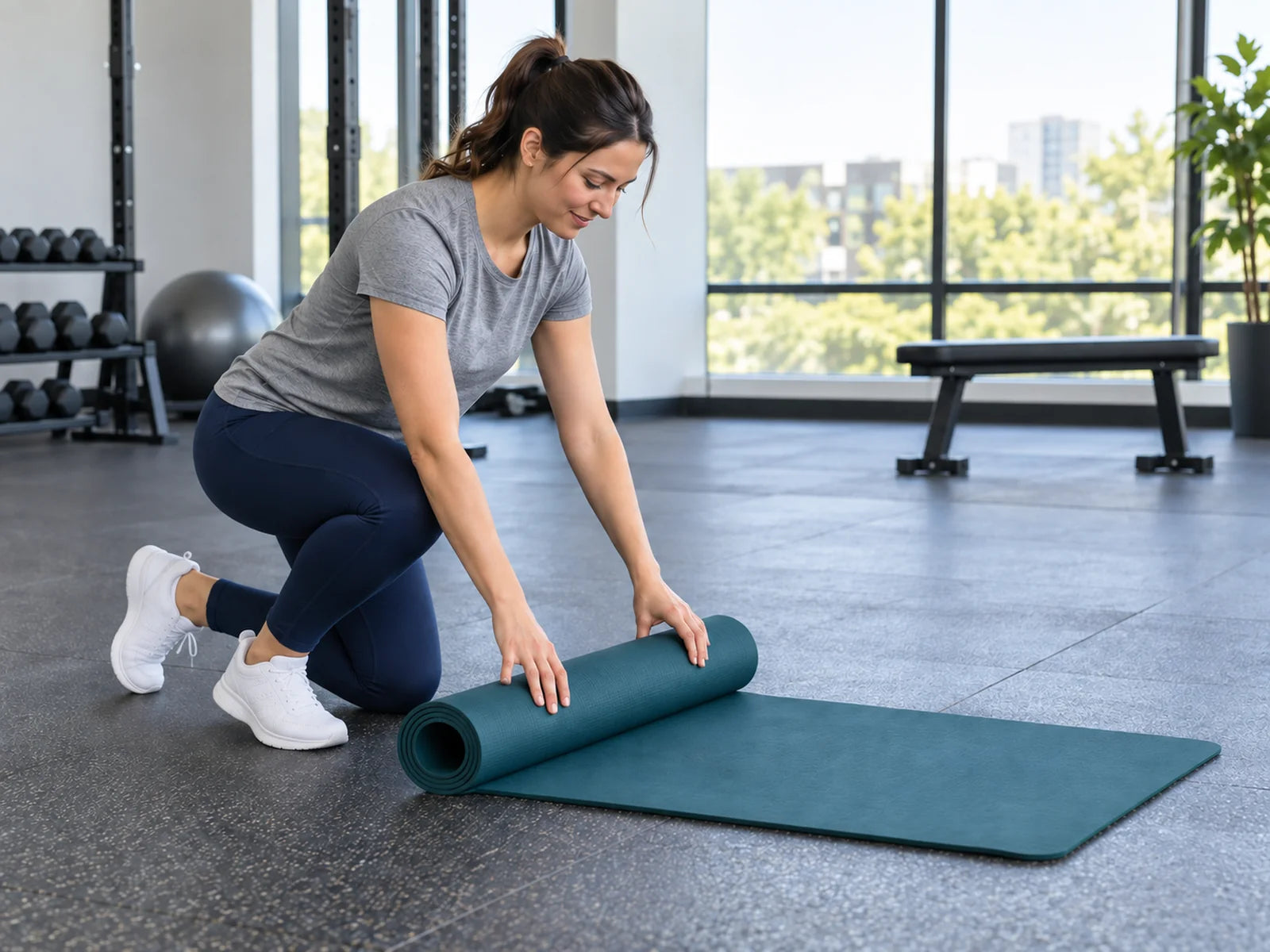 Atleta che srotola un tappetino verde sul pavimento di una palestra.