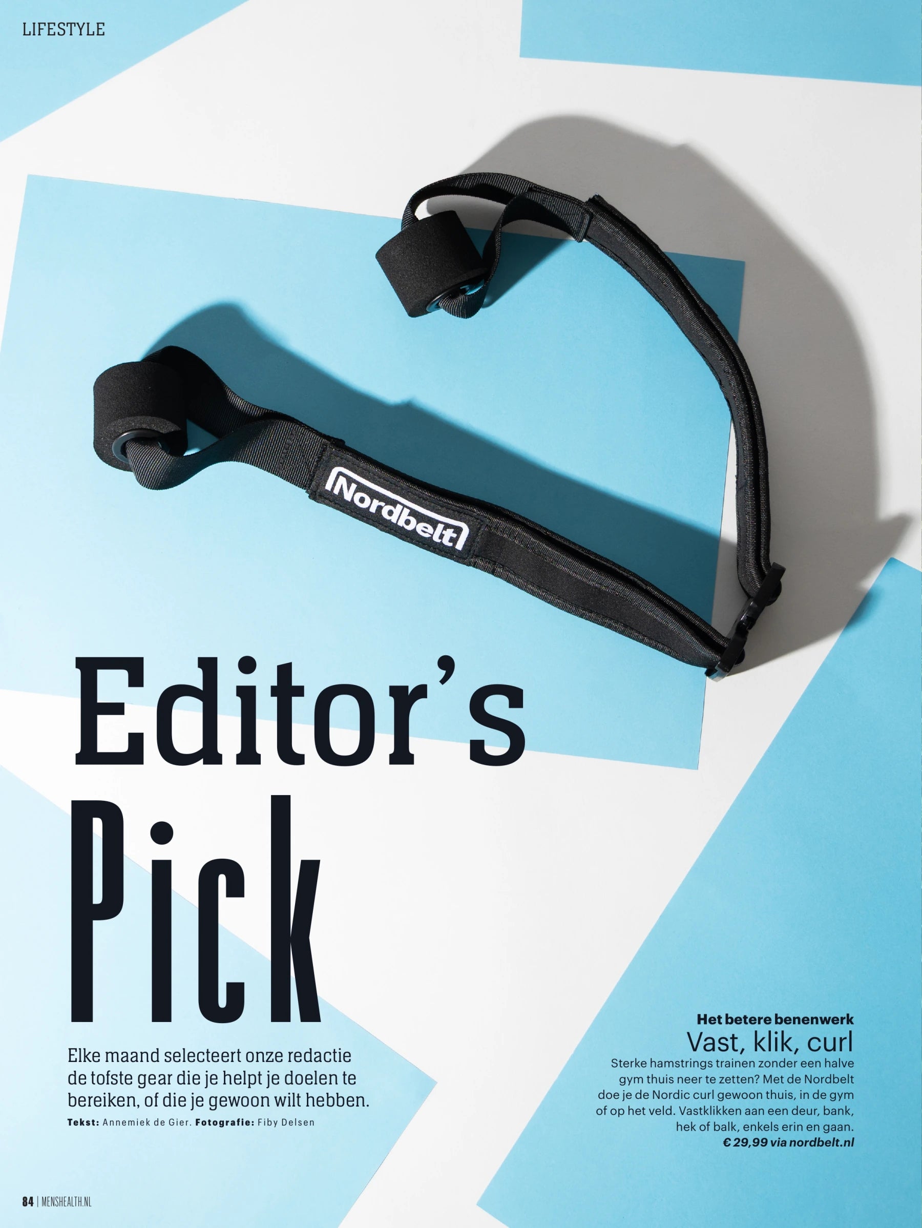Men’s Health Hollanda dergisinin özgün 84. sayfası: Lifestyle / Editor’s Pick bölümünde Nordbelt, ürün fotoğrafı, yazar ve fotoğrafçı bilgileri.